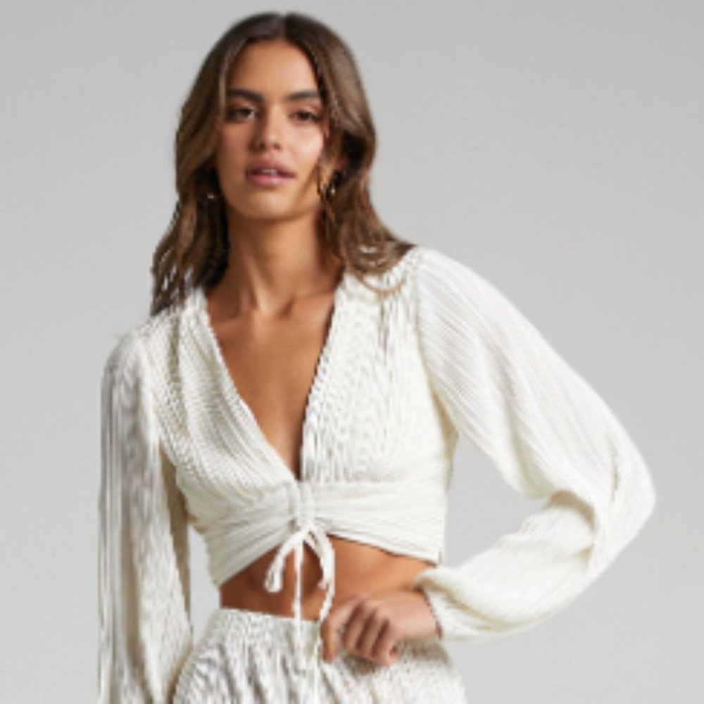 Ruched Front Long Sleeve Plisse Blouse, Cream Size 6, Showpo.